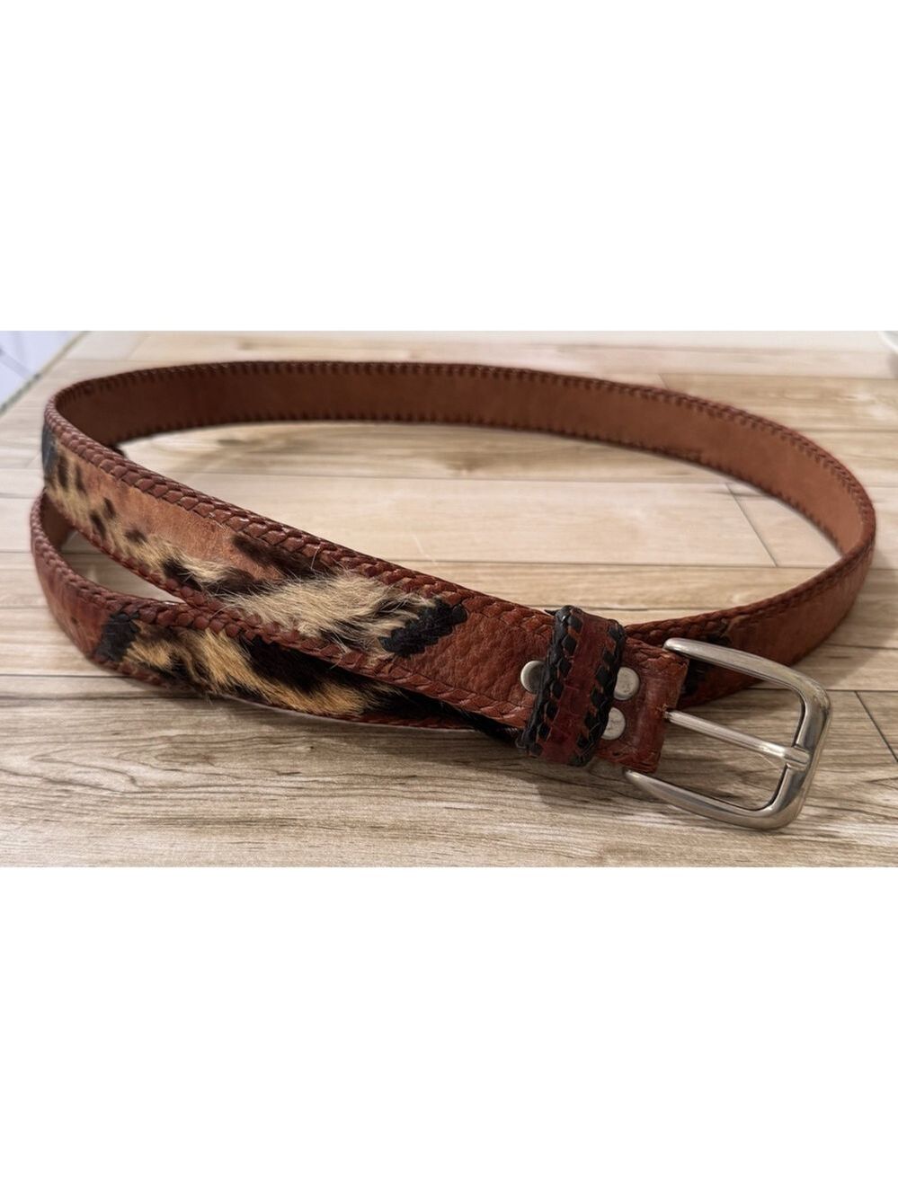Vintage Toscana Braided Genuine Croc Leather Belt Calf Hair Brown Black Sz 34-38
